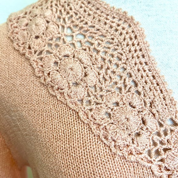 NET 70's "Organically Grown" Pastel Peach Pullover Crochet Vneck Sweater - Large - Picture 2 of 10